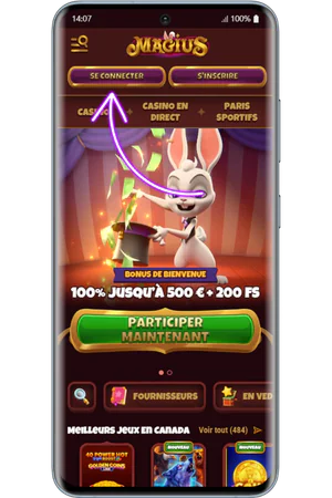 Bouton de connexion sur la page d'accueil de Magius Casino