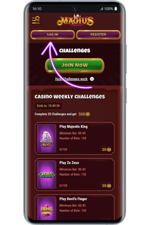 Log in button on Magius casino homepage