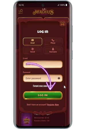 Formulaire de connexion avec options d'inscription sur Magius Casino