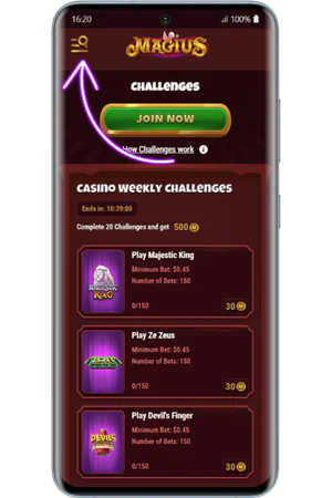 Side menu icon on Magius casino site
