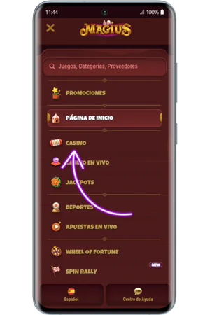 Categorías de juego en la navegación lateral del casino