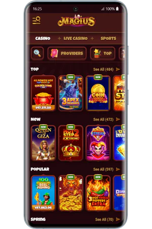 Game selection screen at Magius casino lobby