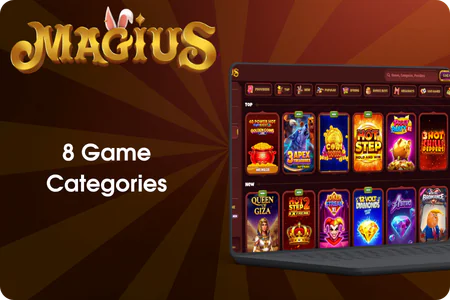 Magius UK game lobby with category filters and top games