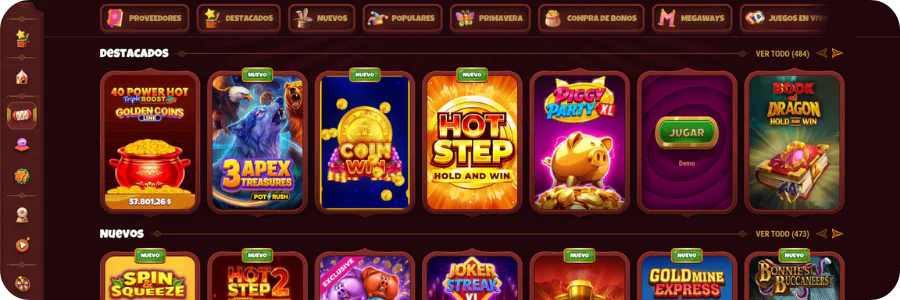 Lobby de Magius Casino España con filtros de categorías y juegos destacados