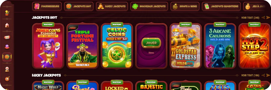 Magius Casino France lobby de jeux avec filtres de catégories