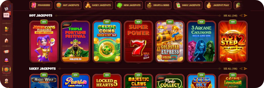 Slots and jackpot games selection at Magius casino lobby