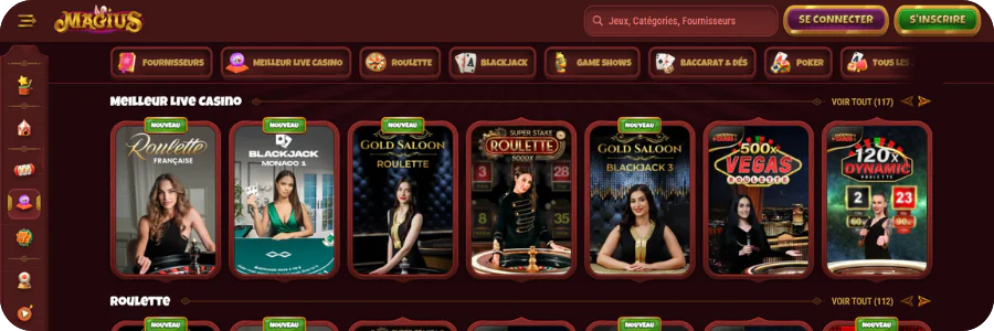 Tables de croupiers en direct et game shows au Magius Casino