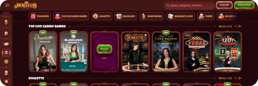 Live dealer tables and game shows at Magius casino