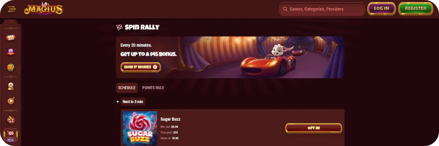 Spin Rally weekly leaderboard competition at Magius