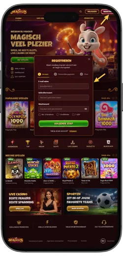 Registratiepagina van Magius casino met geopend aanmeldformulier
