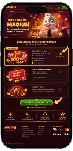 Welkomstbonus scherm van Magius waar een bonus of registratie zonder bonus kan worden gekozen